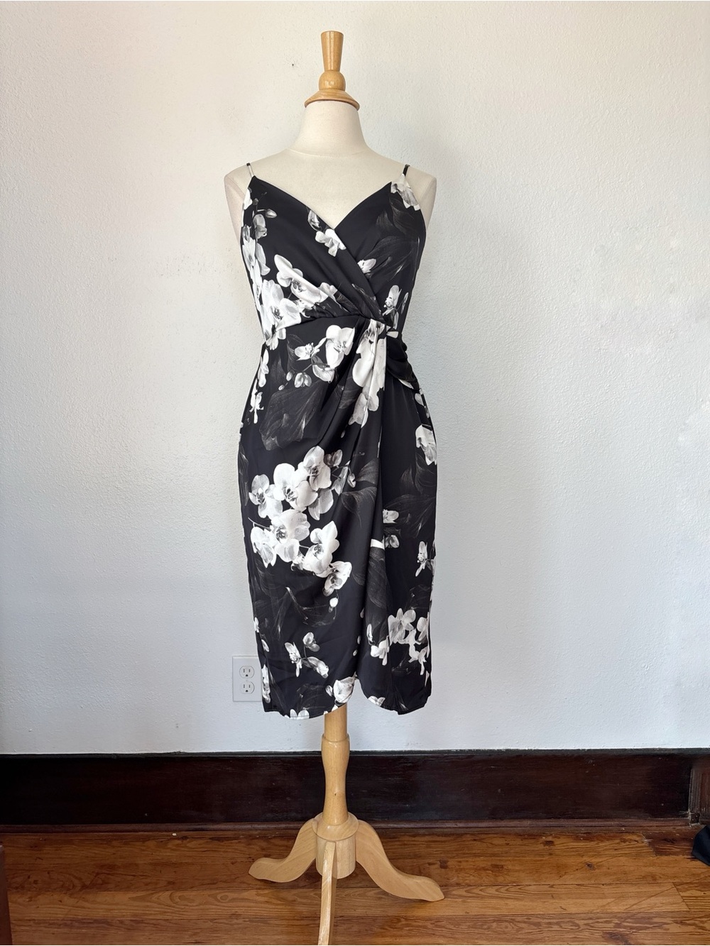 Black & White Floral Wrap Satin Midi Cocktail Dinner Dress